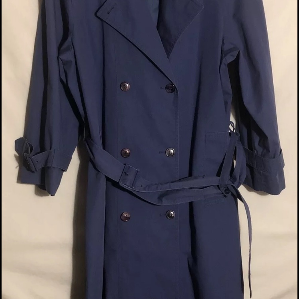 Vintage Misty Harbor Womens 14 Petite Blue Trench Coat Belt Pockets Lined Retro